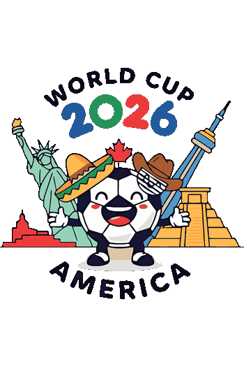 Cup 2026 - World Football Collection Vector animado de un balón de fútbol con sombreros tradicionales y monumentos de América del Norte para el Mundial 2026.