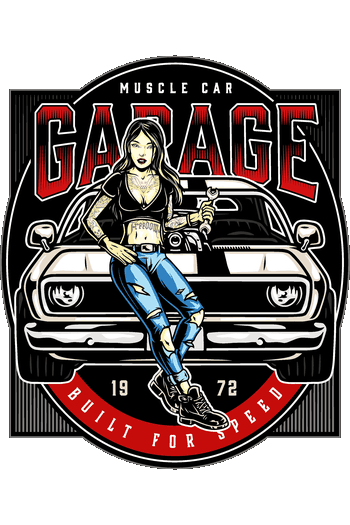 Ilustración vectorial vintage de coche clásico muscle car negro con chica pin up tatuada sosteniendo una llave inglesa sobre emblema de garage 1972