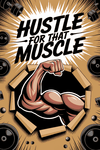 Ilustración de brazo musculoso rompiendo un marco de cartón con el texto 'Hustle for that muscle'