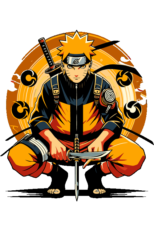 Anime Legends: Kakashi Battle Mode, Luffy Gear 5 Ilustración vectorial de Naruto Uzumaki en cuclillas con katana y círculo solar de fondo.