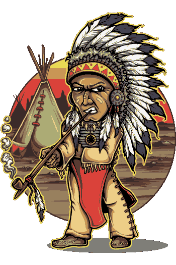 Vector de jefe nativo americano con tocado de plumas, fumando pipa con fondo de tipi