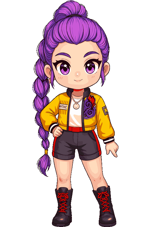 Personaje de anime femenino con trenza morada y chaqueta gamer amarilla.