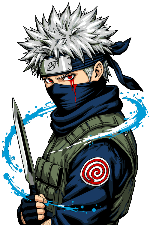?️ Shinobi de la Hoja Plateada Ninja de pelo plateado puntiagudo con banda metálica y máscara negra, ojo rojo con reguero de sangre, sosteniendo un kunai sobre un remolino de tinta azul