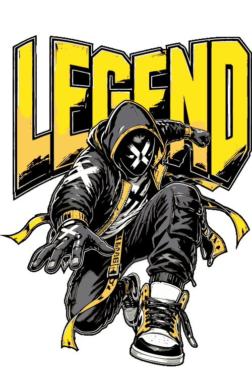 Vectores Horror Glam, Streetwear Cyberpunk Diseño vectorial de ninja urbano con capucha, máscara en X, zapatillas y texto Legend.