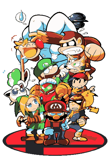 Diseño vectorial titulado 'Nintenders' que muestra a los personajes de Nintendo parodiando a los superhéroes de Marvel Avengers.