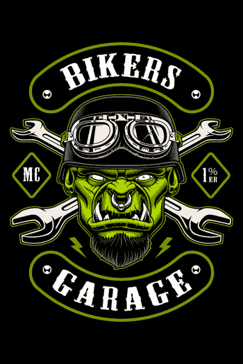 El ogro biker definitivo: casco con goggles, barba espesa, colmillos, nariz perforada