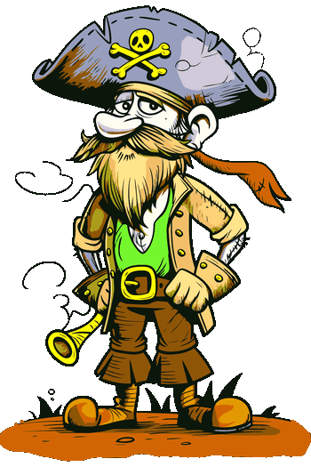 Gráfico vectorial de un pirata anciano de cómic con sombrero de calavera, barba larga y camisa verde.