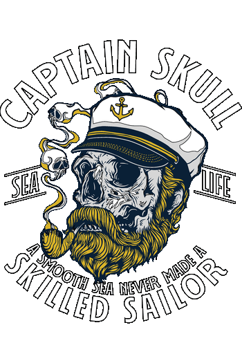 Pirates & Sea Legends Collection Ilustración vectorial de capitán calavera con barba amarilla fumando en pipa con frase marinera en inglés.