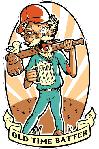 Batter bebiendo Vector vintage de jugador de béisbol loco con tarro de cerveza para estampado de playeras.