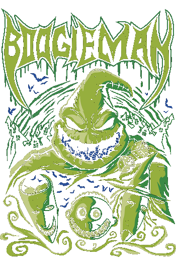 Ilustración vectorial de Oogie Boogie en tonos verdes con gusanos en la boca y las máscaras de Lock, Shock y Barrel.