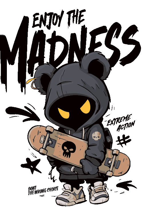 Diseño vectorial de oso encapuchado con patineta de calavera y texto Enjoy The Madness.