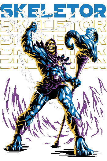 Drop de Pesadilla Diseño de Skeletor de Masters of the Universe con báculo y rayos de poder para ropa urbana DTF.