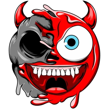 Emoticono rojo de diablo con cuernos y colmillos revelando una calavera lateral.