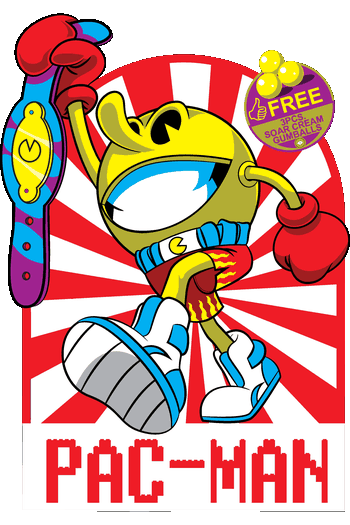 Piccolo, Pac-Man Boxer, Blastoise Épico1 Ilustración vectorial de Pac-Man usando guantes de boxeo rojos y sosteniendo un cinturón de campeón sobre un fondo de rayos blancos y rojos.