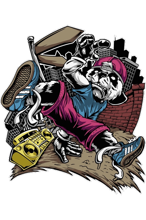 Breakdance Panda Catzilla Kaiju & Graffiti Panda Ilustración vectorial de oso panda bailando breakdance con grabadora boombox urbana.