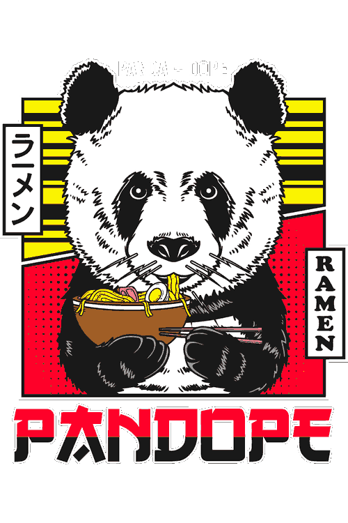 Animal Art Concepts Kangaroo Flight Diseño vectorial estilo japonés de oso panda comiendo ramen con texto Pandope.