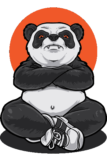 Vector de panda musculoso en postura de Kung Fu con guantes, fondo naranja circular