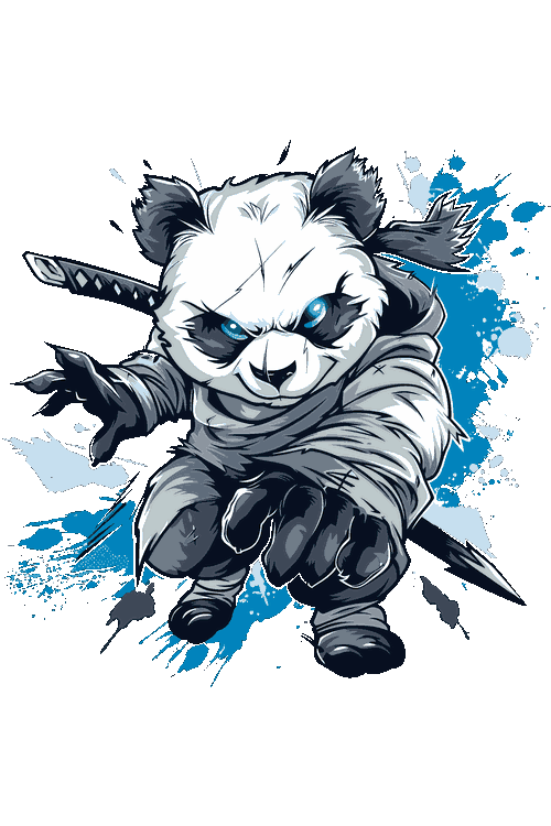 Diseño vectorial de oso panda ninja en pose de combate con katana y salpicaduras azules.
