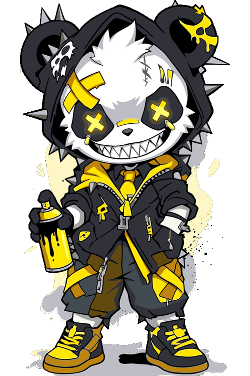 Diseño vectorial de oso panda con ropa techwear amarilla, capucha con tachas y aerosol