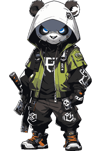 Pack Panda Badass Panda en modo operator: capucha blanca con orejas, chaqueta militar