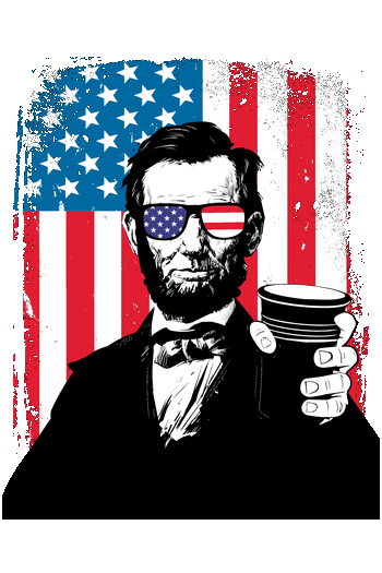 Ilustración retro de Abraham Lincoln con gafas de sol y bandera de Estados Unidos estilo grunge.