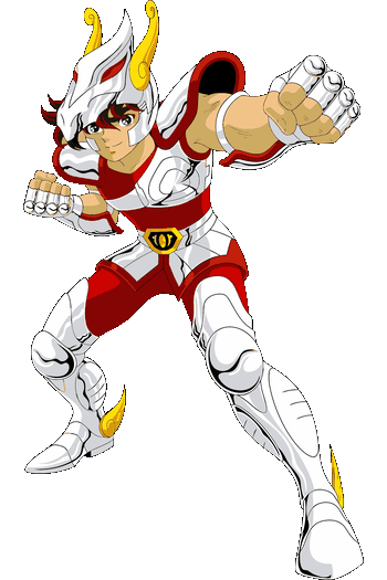 Ilustración vectorial clásica de Seiya de Pegaso en pose de ataque con armadura blanca y roja de Saint Seiya.