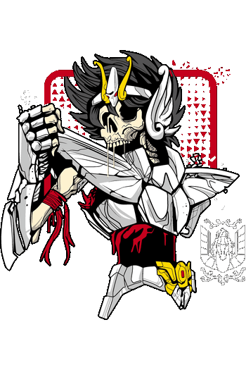 Gráfico oscuro de Seiya Caballero de Pegaso versión esqueleto y armadura rota para estampado DTF.