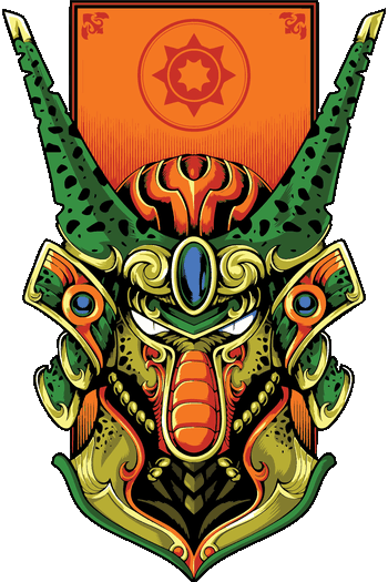 ÉPICOS Ilustración de Cell de Dragon Ball Z como samurái con armadura verde y dorada para estampado.