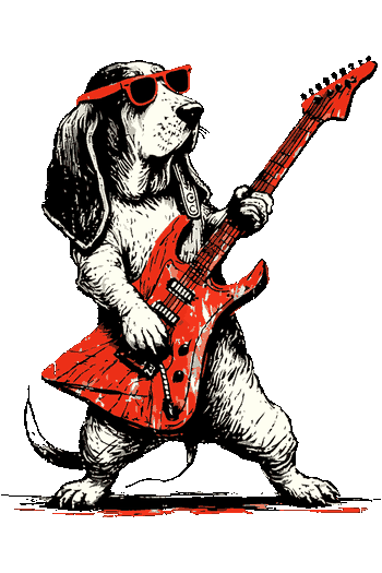 Ilustración vectorial de un perro basset hound tocando la guitarra eléctrica
