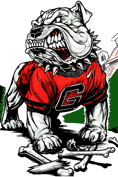 Ilustración vectorial de perro bulldog enojado con camiseta roja deportiva y huesos.