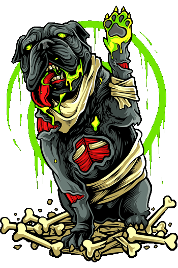 Diseño vectorial de un bulldog zombie sobre huesos con baba verde neón estilo Lucky Cat.