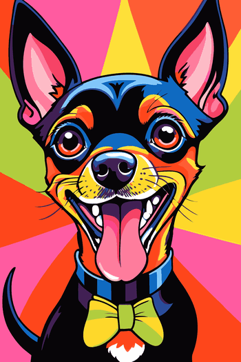 Arte Abstracto Mandril Perro Pop Art & Gato Mondrian Diseño vectorial Pop Art de un perro alegre con moño y fondo de destellos coloridos.