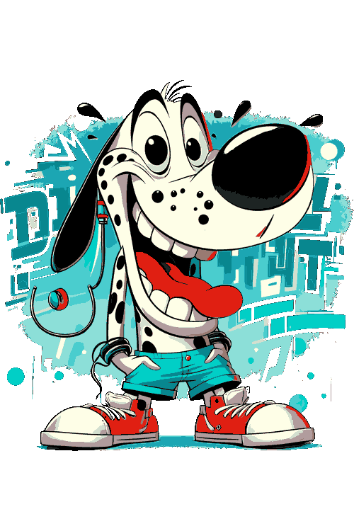 Urban Pets & Bad Boy Primates Ilustración vectorial de perro dálmata caricatura en estilo grafiti con zapatillas rojas.