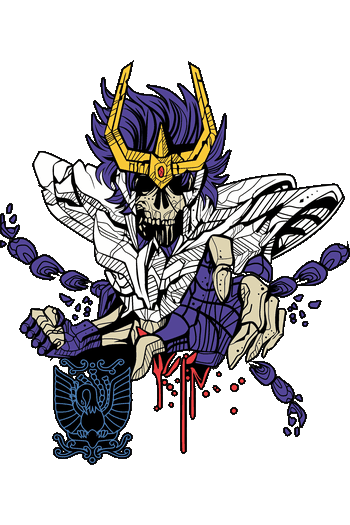BANG! BANG! Vector de la armadura del Fénix destruida con calavera, casco dorado, pelo morado y emblema lineal azul.