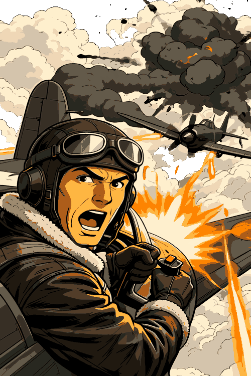 Ilustración vectorial estilo cómic de piloto de aviación de la Segunda Guerra Mundial en combate aéreo.