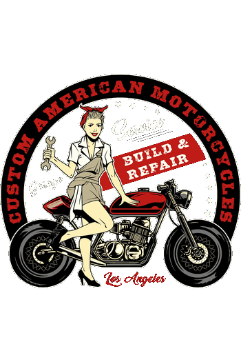 Calavera Custom Texas Pin-Up Garage & Cobra Ilustración vectorial circular estilo pin-up con chica mecánica posando junto a una moto cafe racer.