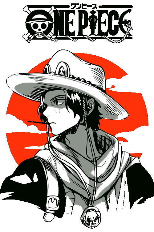 ?☠️ El Sombrero del Sol Naciente Retrato manga de un pirata con sombrero blanco de ala ancha, collar con colgante de calavera y sol rojo de fondo, bajo el logotipo One Piece