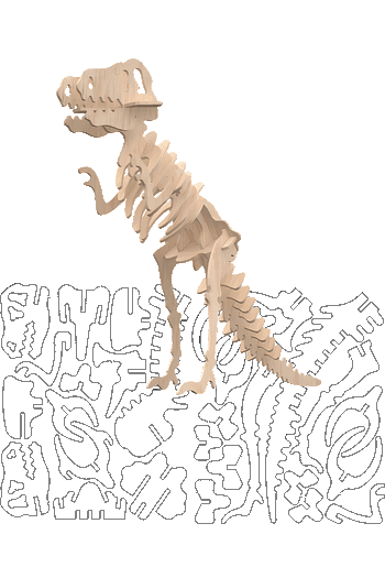 T-Rex, Velociraptor & Pterodáctilo Plano vectorial y maqueta armada 3D de esqueleto de T-Rex para corte láser.