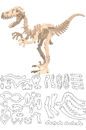 Diseño vectorial y ensamblaje 3D de esqueleto de Velociraptor para maquetas en madera.