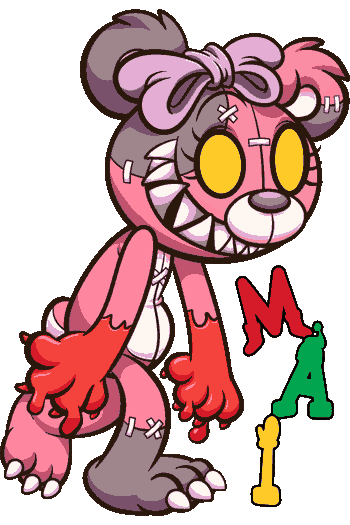 Vector de muñeca oscura cosida con parches, ojos amarillos, mano roja