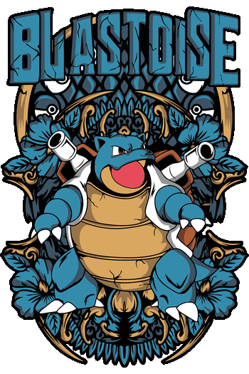Diseño vectorial del Pokémon Blastoise con sus cañones de agua en un marco ornamental con flores azules y detalles dorados.