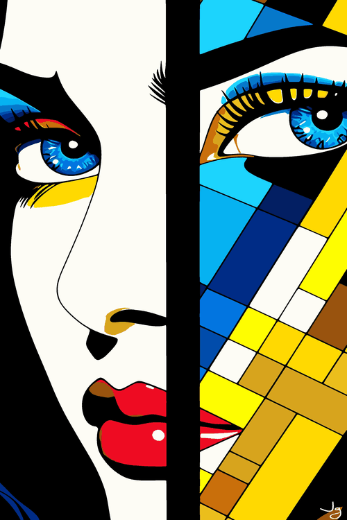 Ilustración vectorial de retrato femenino dividido entre pop art clásico y mosaico geométrico.