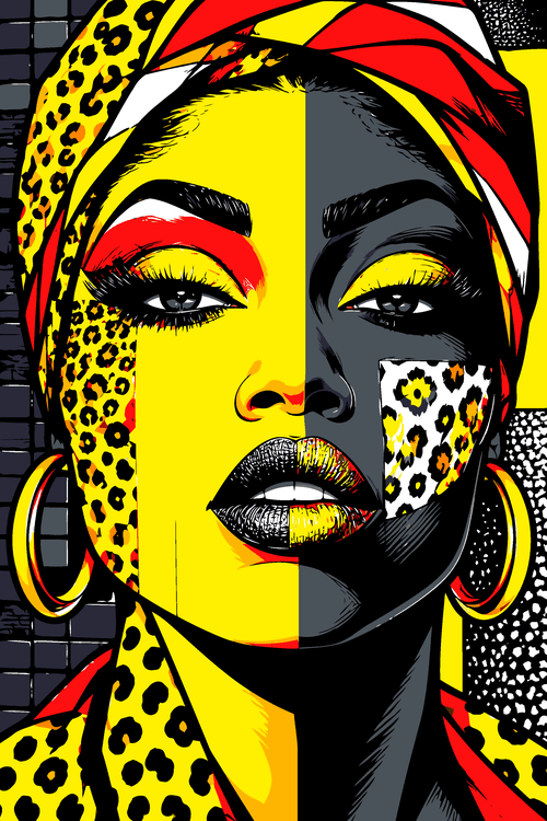 African Golden Queen, Tribal Gold Makeup & Pop Art Ilustración vectorial estilo pop art de mujer afro con turbante de leopardo y bloques de color
