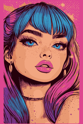Vector de chica con cabello azul y rosa, ojos grandes y pecas, fondo rosa neón con textura pop-art