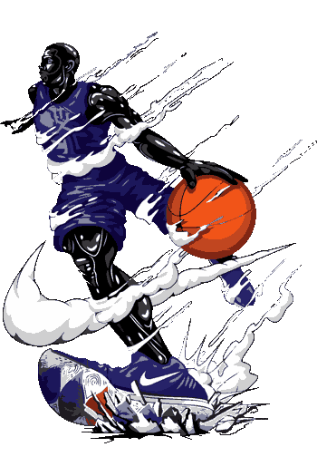 Ilustración dinámica de un jugador de baloncesto realizando un salto potente hacia la canasta