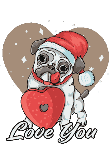 Vector de pug con gorro de Santa y lengua fuera, sosteniendo un corazón rojo con texto 'Love You' en fondo navideño