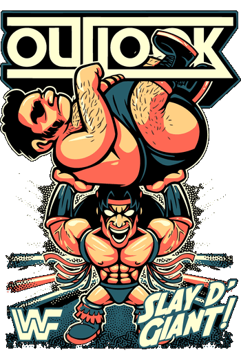 Gráfico vectorial retro de lucha libre con Ultimate Warrior levantando a André el Gigante y la frase Slay D' Giant.