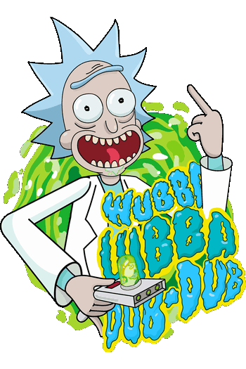 Gráfico de Rick y Morty saliendo de un portal verde con frase Wubba Lubba Dub-Dub para impresión DTF.