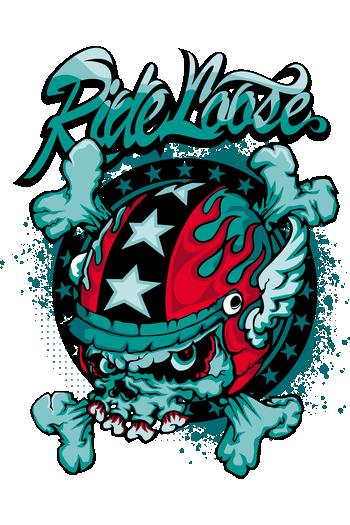 Batter bebiendo Gráfico de calavera con casco de moto de flamas y texto Ride Loose para ropa urbana estilo biker.