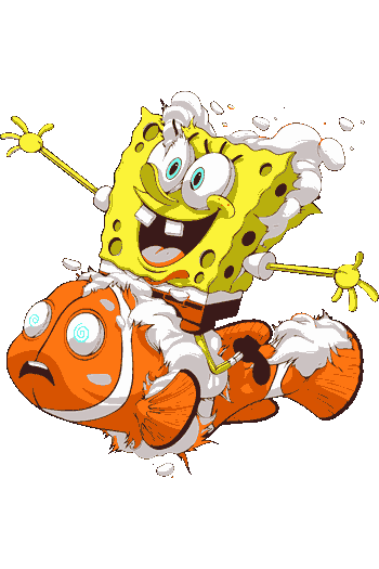 Diseño vectorial de Bob Esponja montando un pez naranja como vehículo, expresión maníaca, estilo cómic